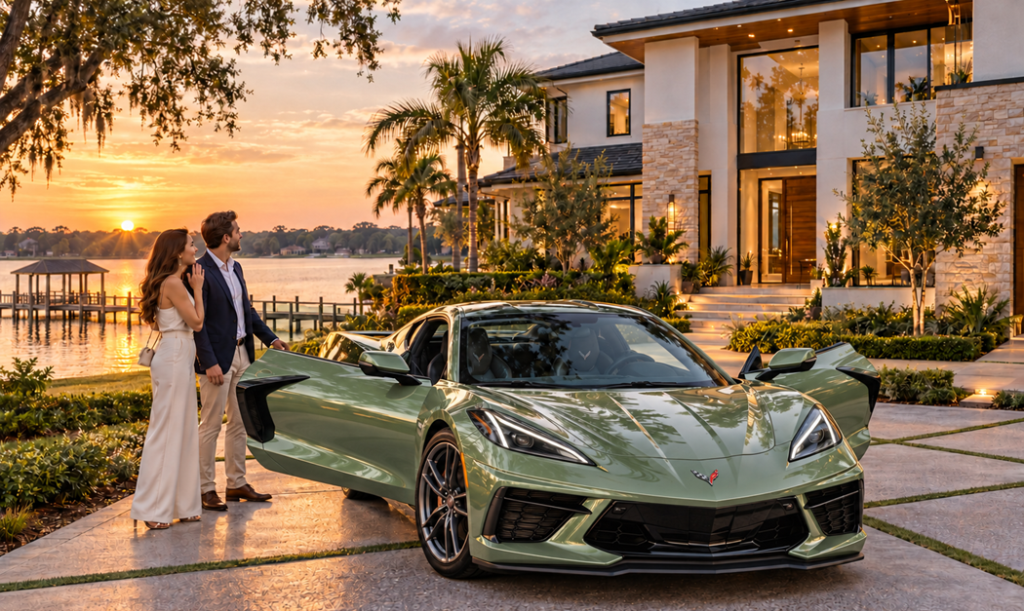 A couple beside a green Corvette in front of a lakeside dream home